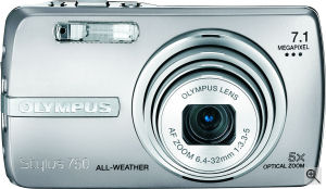 Olympus' Stylus 750 digital camera. Courtesy of Olympus, with modifications by Michael R. Tomkins. Click for a bigger picture!