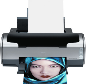 Epson's Stylus Photo R1800 photo printer. Courtesy of Epson, with modifications by Michael R. Tomkins. Click for a bigger picture!