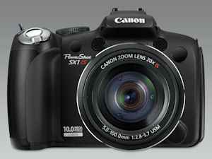Canon's PowerShot SX1 IS digital camera. Courtesy of Canon, with modifications by Michael R. Tomkins. Click for a bigger picture!