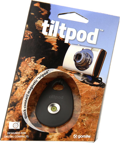 The tiltpod system consists of a magnetic base, adhesive and tripod-threaded pivot points, and a wrist strap. Photo provided by Gomite LLC. Click for a bigger picture!