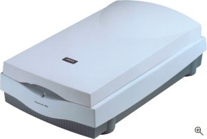 UMAX's PowerLook 1000 flatbed scanner with transparency adapter. Courtesy of UMAX Technologies Inc.,with modifications by Michael R. Tomkins. Click for a bigger picture!
