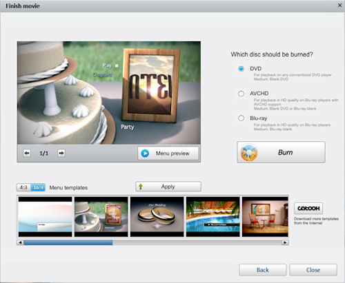 Video Easy HD's Finish dialog offers DVD, Blu-Ray, and AVCHD output options. Screenshot provided by Magix AG. Click for a bigger picture!