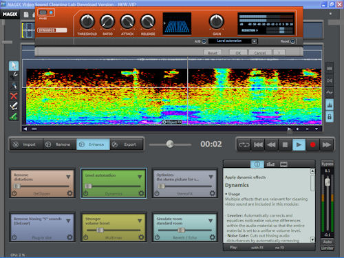 Video Sound Cleaning Lab in Enhance tab, with Dynamics control panel visible. Screenshot copyright © 2010, Imaging Resource. All rights reserved. Click for a bigger picture!