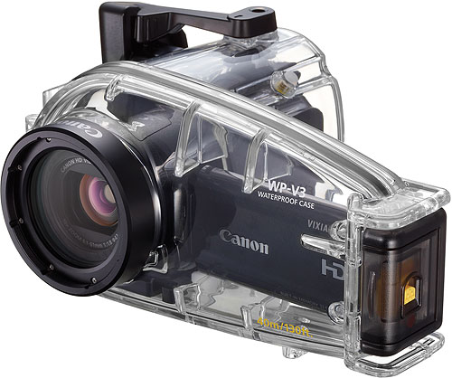 Canon's VIXIA WP-V3 underwater housing with unidentified HF M-series camcorder. Photo provided by Canon USA Inc. Click for a bigger picture!