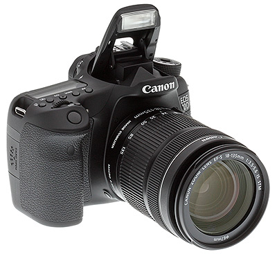 Canon 70D review -- Three quarter view with popup flash raised