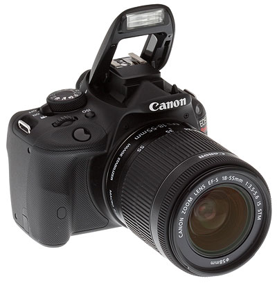 Canon SL1 review -- Front quarter view with flash deployed