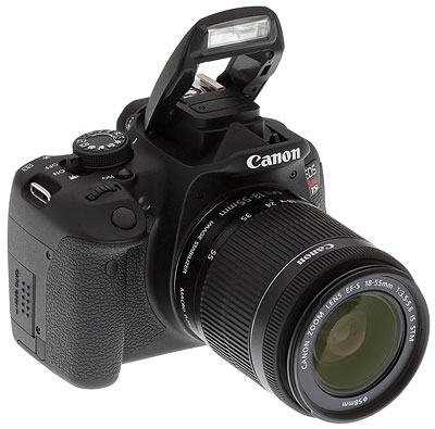 Canon T5i review -- Front quarter shot with 18-55mm lens and flash deployed