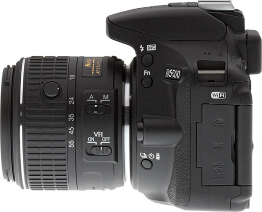 Nikon D5500 Review -- Left view of the camera with the 18-55mm kit lens