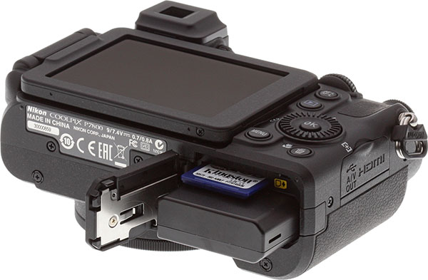 Nikon P7800 Review -- Bottm view showing battery and memory card