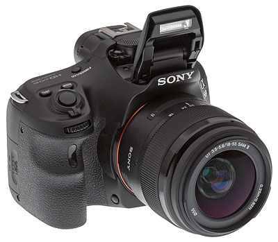 Sony A58 review -- Front quarter view with lens