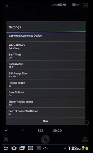 Sony QX100 review -- menu  screen shot