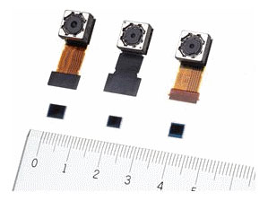 From left to right, Sony's Exmor RS IMX135, IMX134, and IMX134 sensors beneath their respective modules. Photo provided by Sony Corp.