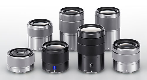 Sony's E-mount lenses for NEX-series cameras. Photo provided by Sony.