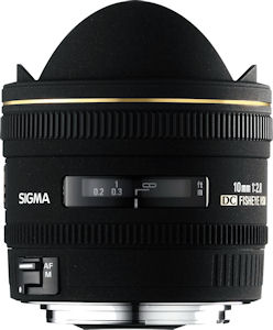 Sigma's 10mm F2.8 EX DC Fisheye HSM lens. Courtesy of Sigma, with modifications by Michael R. Tomkins. Click for a bigger picture!