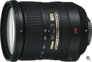 Nikon's 18-200mm f/3.5-5.6G IF-ED AF-S DX VR Zoom-Nikkor lens. Courtesy of Nikon, with modifications by Michael R. Tomkins. Click for a bigger picture!