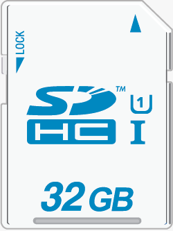 32GB SDHC UHS card showing UHS Speed Class 1 rating. Rendering provided by the SD Association.
