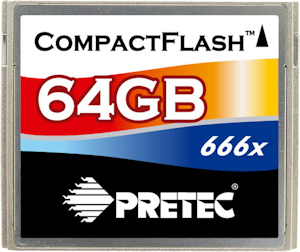 Pretec's 64GB 666x CompactFlash card. Photo provided by Pretec Electronics Corp. Click for a bigger picture!