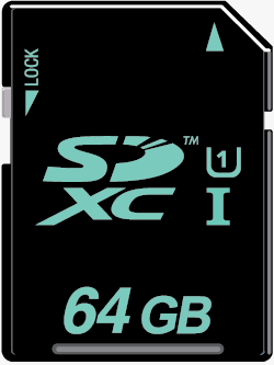 64GB SDXC UHS card showing UHS Speed Class 1 rating. Rendering provided by the SD Association.