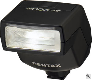 Pentax's AF-200FG flash strobe. Courtesy of Pentax, with modifications by Michael R. Tomkins. Click for a bigger picture!