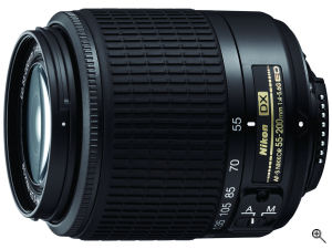 Nikon's AF-S DX Zoom-Nikkor 55-200mm f/4-5.6G ED lens. Courtesy of Nikon, with modifications by Michael R. Tomkins. Click for a bigger picture!