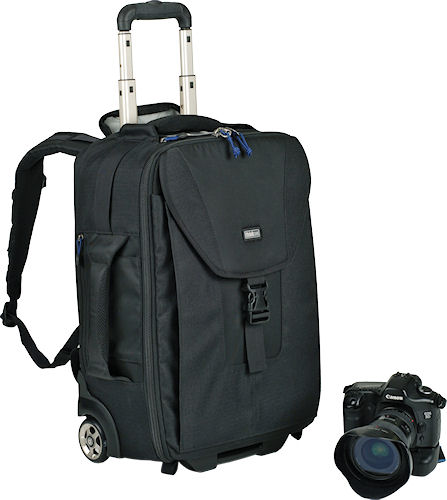The Airport TakeOff rolling camera backpack, shown for scale alongside Canon's EOS 5D digital SLR with portrait grip and lens. Photo provided by Think Tank Photo. Click for a bigger picture!