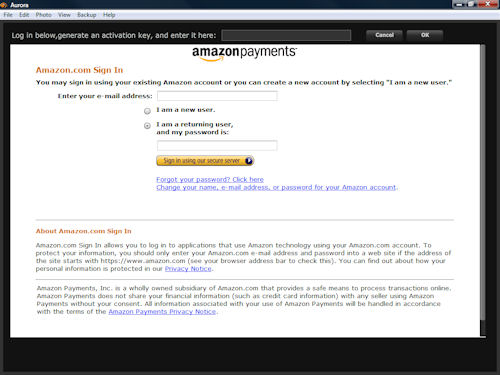 Aurora relies on Amazon's S3 service for online backup; signup is guided in-program. Screenshot copyright Â© 2009, Imaging Resource / Michael R. Tomkins. Click for a bigger picture!
