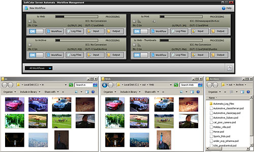 Server Automata 1.0 automatically processing a batch of images to separate output folders for web, print, archive and thumbnails. Screenshot provided by SoftColor Oy. Click for a bigger picture!