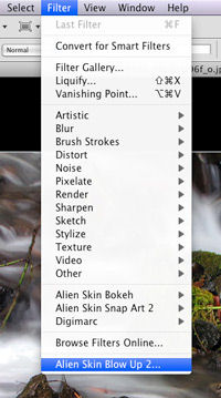 Blow Up 2.0.3 now appears in the Filter menu. Screenshot provided by Alien Skin Software.