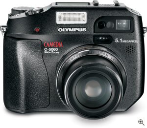 Olympus' C-5060 digital camera. Courtesy of Olympus, with modifications by Michael R. Tomkins. Click for a bigger picture!