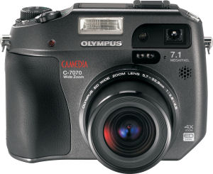 Olympus's Camedia C-7070 Wide Zoom digital camera. Courtesy of Olympus, with modifications by Michael R. Tomkins. Click for a bigger picture!