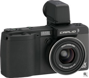 Ricoh's Caplio GX100 digital camera. Courtesy of Ricoh, with modifications by Michael R. Tomkins. Click for a bigger picture!