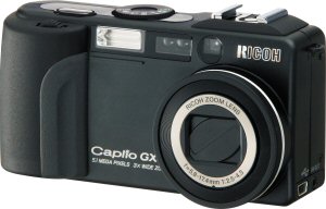Ricoh's Caplio GX digital camera. Courtesy of Ricoh, with modifications by Michael R. Tomkins. Click for a bigger picture!