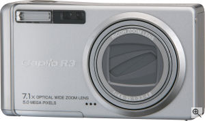 Ricoh's Caplio R3 digital camera. Courtesy of Ricoh, with modifications by Michael R. Tomkins. Click for a bigger picture!