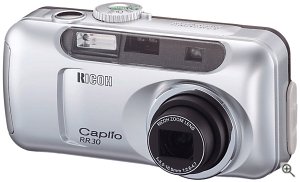 Ricoh's Caplio RR30 digital camera. Courtesy of Ricoh Co. Ltd. with modifications by Michael R. Tomkins. Click for a bigger picture!