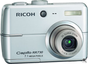 Ricoh's Caplio RR730 digital camera. Courtesy of Ricoh, with modifications by Michael R. Tomkins. Click for a bigger picture!