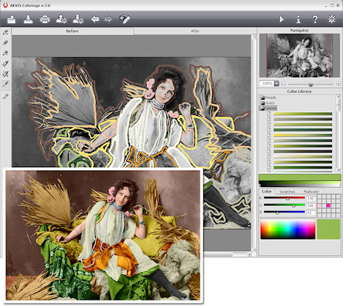 Akvis' Coloriage v7.0 in use, with an example of its output. Image provided by AKVIS Software Inc. Click for a bigger picture!