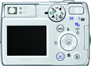 Nikon's Coolpix 7600 digital camera. Courtesy of Nikon, with modifications by Michael R. Tomkins. Click for a bigger picture!