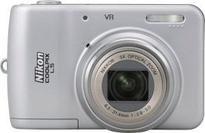 Nikon's Coolpix L5 digital camera. Courtesy of Nikon, with modifications by Michael R. Tomkins. Click for a bigger picture!