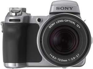 Sony's Cyber-shot DSC-H1 digital camera. Courtesy of Sony, with modifications by Michael R. Tomkins. Click for a bigger picture!