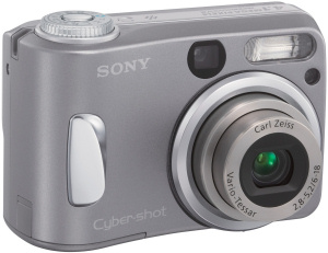 Sony's Cyber-shot DSC-S60 digital camera. Courtesy of Sony, with modifications by Michael R. Tomkins. Click for a bigger picture!