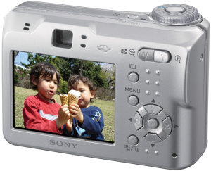 Sony's Cyber-shot DSC-S90 digital camera. Courtesy of Sony, with modifications by Michael R. Tomkins. Click for a bigger picture!