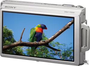Sony's Cyber-shot DSC-T200 digital camera. Courtesy of Sony, with modifications by Michael R. Tomkins. Click for a bigger picture!