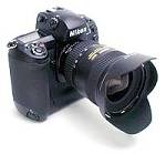 Nikon's D1 digital camera, front right quarter view. Copyright (c) 2000, The Imaging Resource, all rights reserved.