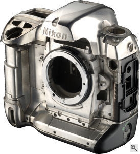 Nikon's D2Xs digital SLR. Courtesy of Nikon, with modifications by Michael R. Tomkins. Click for a bigger picture!
