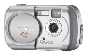 Olympus' D-390 digital camera. Courtesy of Olympus, with modifications by Michael R. Tomkins. Click for a bigger picture!