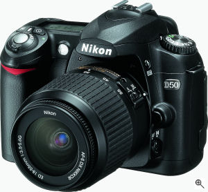 Nikon's D50 digital SLR. Courtesy of Nikon, with modifications by Michael R. Tomkins. Click for a bigger picture!