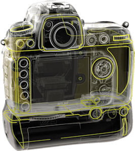 Nikon's D700 digital SLR environmental sealing. Courtesy of Nikon, with modifications by Michael R. Tomkins. Click for a bigger picture!