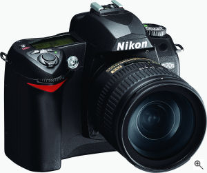 Nikon's D70s digital SLR. Courtesy of Nikon, with modifications by Michael R. Tomkins. Click for a bigger picture!