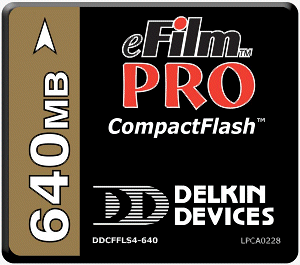 Delkin's eFilm PRO 640MB CompactFlash card. Courtesy of Delkin Devices Inc., with modifications by Michael R. Tomkins.