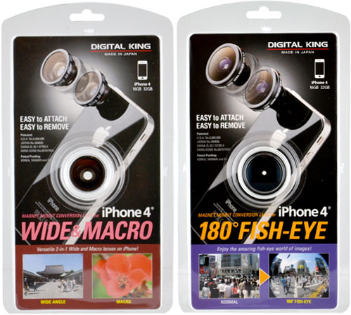 Digital King's 180° Fish-Eye and Wide & Macro lenses for the iPhone 4. Photo provided by Digital Interactive Systems Corp.